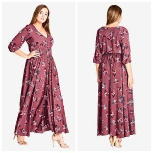 City Chic Rose Play Floral Long Maxi Dress V-neck 3/4 Sleeve